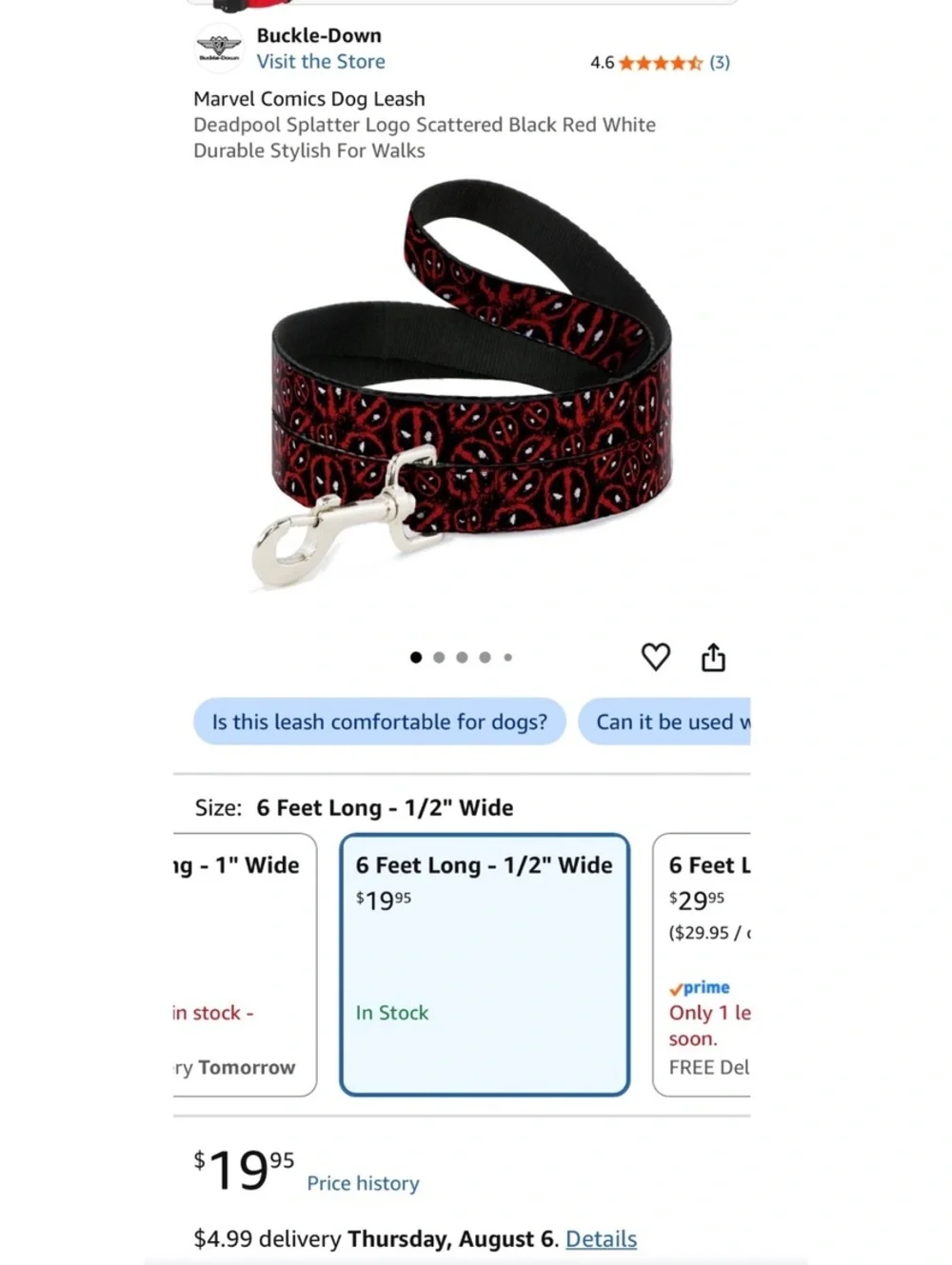 New Buckle-Down Marvel Comics Deadpool Splatter Logo Dog Leash - 6 Feet Long